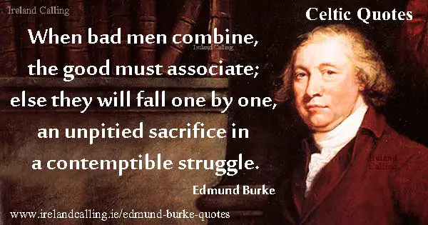 Edmund Burke quote. When bad men combine, the good must associate; else they will fall one by one, an unpitied sacrifice in a contemptible struggle. Image copyright Ireland Calling