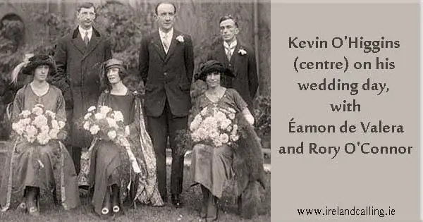 Kevin-OHiggins-on-his-wedding-day-with-Eamon-de-Valera-and-Rory-OConnor Image copyright Ireland Calling