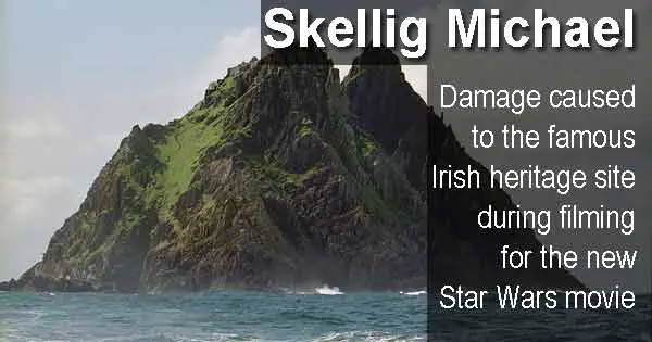 Skellig Michael - Damage caused to the famous Irish heritage site during filming for the new Star Wars movie.photo copyright Jerzy Strzelecki cc3