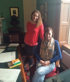 Robin Pearse Stetler with her daughter at the desk of Padraig at the Pearse Museum