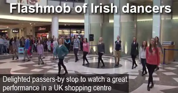 Flashmob of Irish dancers - delighted passers-by stop to watch a great performance in a UK shopping centre