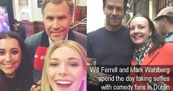 Will Ferrell and Mark Wahlberg spend the day taking selfies with comedy fans in Dublin