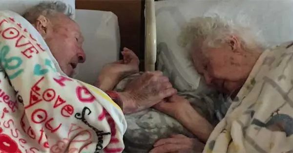 Beautiful image of elderly couple holding hands in bed