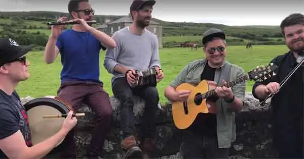 Irish band Ímar perform the Father Ted theme song outside the famous 'Craggy Island' Parochial House