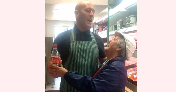 A Co Derry butcher dances with an elderly customer and wins herts around the world