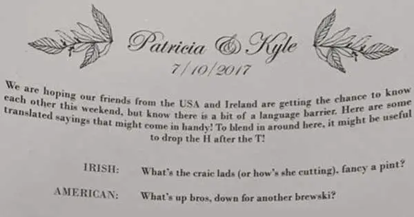 Bride and groom create a list of Irish English to American English translations for their wedding guests