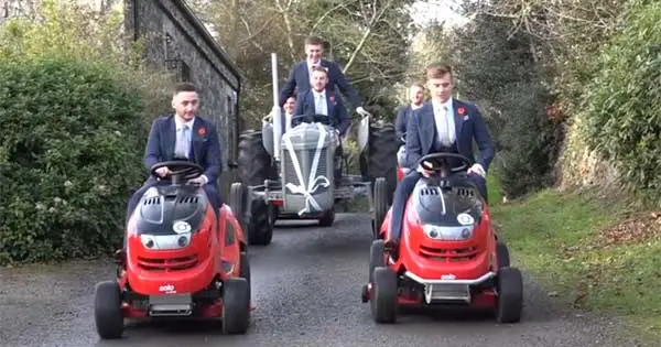 Irish groom travels to church in convoy of lawnmowers