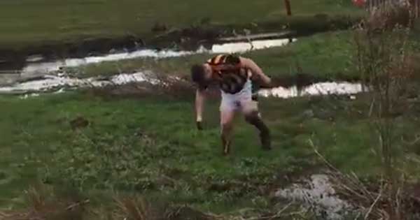 Lads show no mercy as pal falls face first into pond