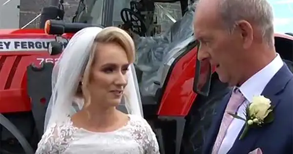 Irish bride drives herself to wedding - in the family tractor