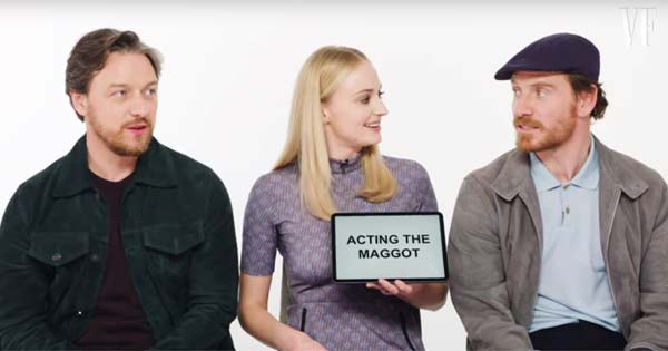 Michael Fassbender teaches Irish slang to Sophie Turner and James McAvoy