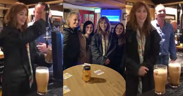 Emily Blunt pours a Guinness in an  Irish pub
