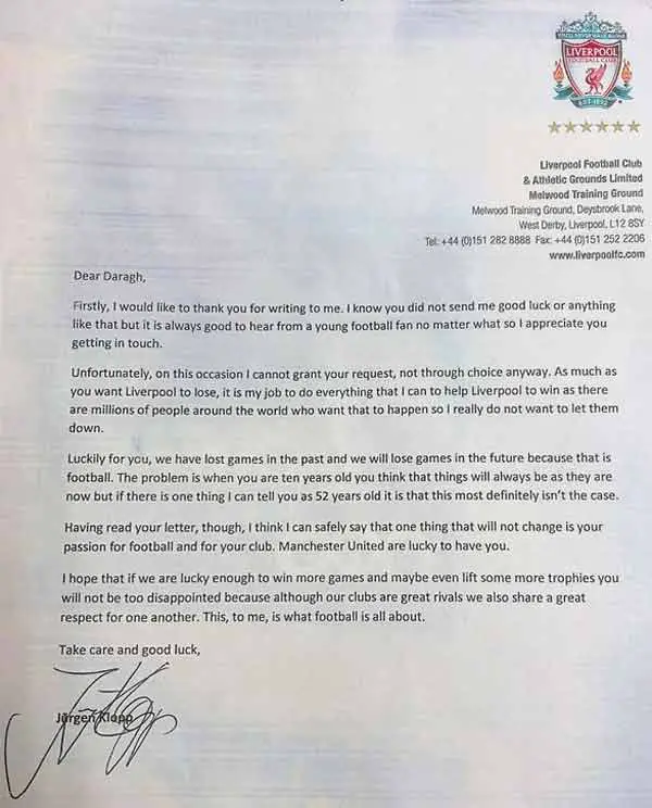 Jurgen Klopp's letter to Irish schoolboy