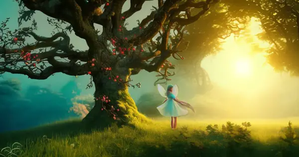 A fairy dances beneath the hawthorn, known as the fairy tree.