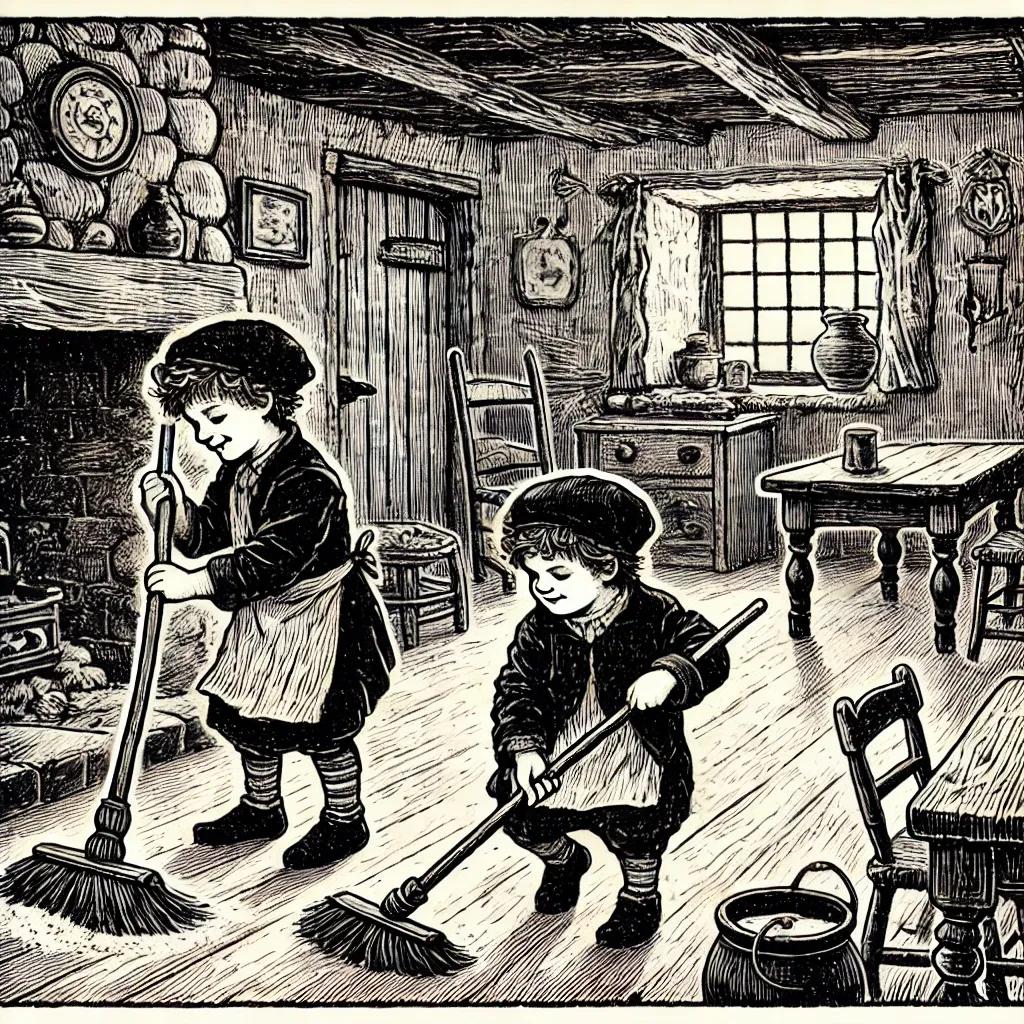 Vintage black and white illustration of two Brownies from Irish folklore working in a rural cottage, with one sweeping the floor and the other polishing furniture.