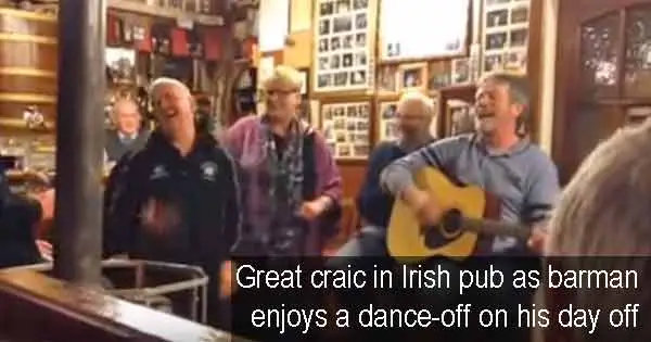Great craic in Irish pub as barman enjoys a dance-off on his day off